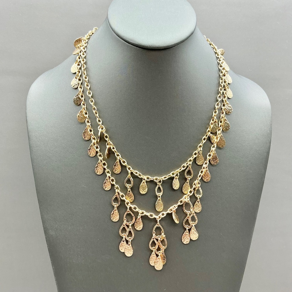 Olivia Welles Necklace Womens Gold Tone Hammered Teardrop Tassel Layered Chain